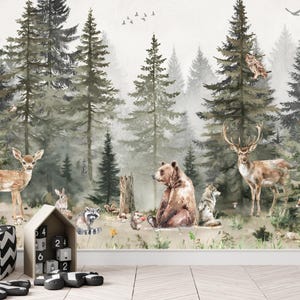 Wallpaper animals Woodland Trees Pine Peel and Stick Kids Wall Mural Self Adhesive Nursery Mountain Decor Forest DecalWall Forest Wallpaper