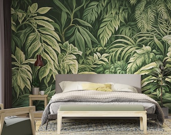 Wallpaper Leaves, India wallpaper, Jungle, Self Adhesive Tropical floral baroque wall mural botanical Wall decor room Vintage Peel and Stick