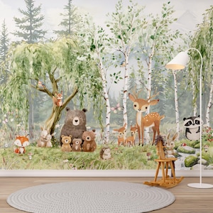 Carta da parati per bambini con animali della foresta, arte murale del bosco, alberi di pino acquerelli, animali selvatici, stacca e attacca, decorazione per la stanza dei bambini, carta da parati personalizzata