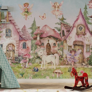 Papier peint fée magique - papier peint fée des forêts lunatique pépinière forêt aquarelle arbres animaux sauvages décoration de chambre filles