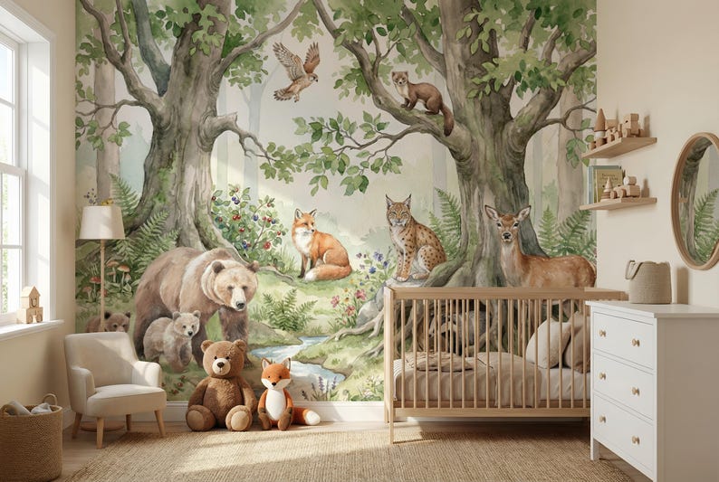 Woodland Animals Wallpaper Nursery Mural Forest Trees Kids Wall Decor ...