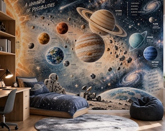 Kids Space Wallpaper, Solar System Mural, Custom Size, Astronaut Decor, Peel and Stick, Nonwoven