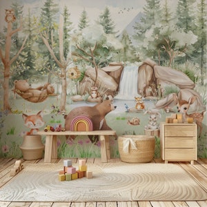 Carta da parati con animali della foresta, decorazioni murali con alberi acquerellati, animali selvatici, decorazioni per la cameretta dei bambini, carta da parati personalizzata