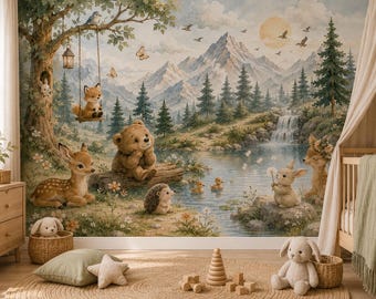 Woodland Animals Wallpaper Peel and Stick Nursery Mural Forest Trees Kids Wall Decor Watercolor custom made