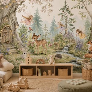 May include: A whimsical mural featuring a forest scene with a deer, fairies, and a fox. The artwork includes a small waterfall, a fairy door, and a variety of plants and trees. The room also has a wooden storage unit, a sofa, and a round ottoman.
