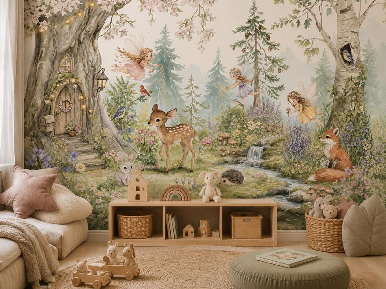 May include: A whimsical mural featuring a forest scene with a deer, fairies, and a fox. The artwork includes a small waterfall, a fairy door, and a variety of plants and trees. The room also has a wooden storage unit, a sofa, and a round ottoman.