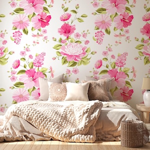 Wildflower Wallpaper, Floral Pink Rose Flower Wallpaper for Kids Room, Watercolor Wallpaper, Wall Mural Peel and Stick vintage custom made