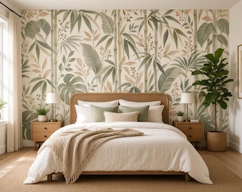 Botanical Bamboo Wallpaper, Sage Green Foliage Mural, Neutral Bedroom Accent, Custom Size