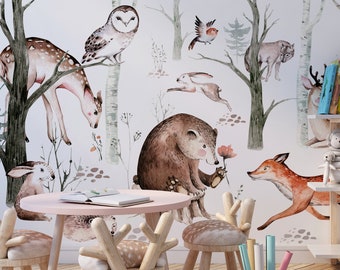 Wandbild Kinder Tapete, Tiere, Wald, Kinderzimmer Bär Reh Fuchs schälen und aufkleben, selbstklebendes Wanddekor Wandbild, Wandbilder Aquarell Poster