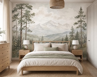 Forest Mountain Wallpaper Mural, Peel and Stick or Non-Woven Nature Landscape Wall Decor Bedroom Custom Size Wallpaper