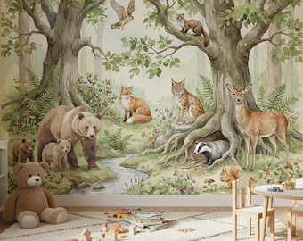 Woodland Animals Wallpaper Nursery Mural Forest Trees Kids Wall Decor Watercolor Custom Made Peel and Stick Removable Wallpaper