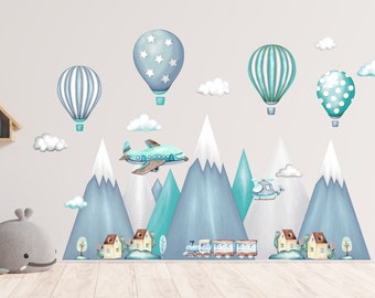 Kindermuursticker Bergen, heteluchtballonnen jongens berg muurschildering sticker, wolken, ballonnen meisjes kinderkamer decor kunst aan de muur, vliegtuig,