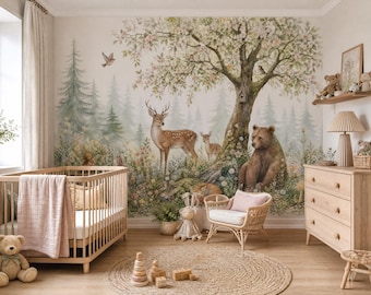 Custom Watercolor Woodland Animals Wallpaper – Peel & Stick Nursery Mural (Custom Size)