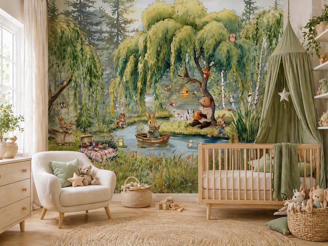 Woodland Nursery Wall Mural Forest Animals Wallpaper Peel and Stick or ...