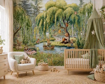 Woodland Nursery Wall Mural Forest Animals Wallpaper Peel and Stick or Non Woven Custom Baby Room Decor bunny rabbit