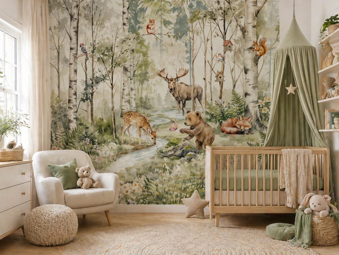 Woodland Animals Wallpaper - Peel and Stick Nursery Mural | Forest ...