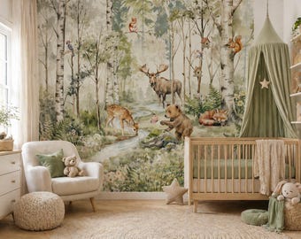 Woodland Animals Wallpaper - Peel and Stick Nursery Mural | Forest Trees, Kids Wall Decor Watercolor custom made