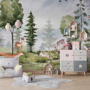 Carta da parati animali Alberi del bosco, stacca e attacca, murale per bambini autoadesivo, decalcomania della foresta Carta da parati per bambini Foresta