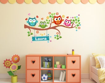 Wall Stickers Owl Owls personalized name Wall Decal, Jungle Animals Sticker Decor, Girls Nursery Room Decor Wall Art Trees Childroom Boys