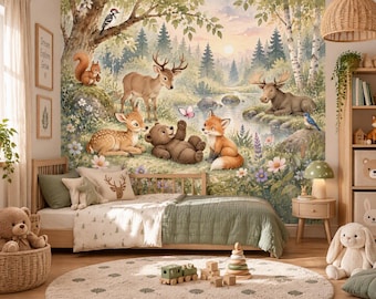 Woodland Animals Wallpaper - Peel and Stick Nursery Mural | Forest Trees, Kids Wall Decor Watercolor Scandinavian custom made