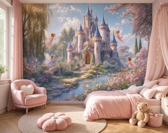 Fairies  Castle Wallpaper Custom Kids Room Mural Pink Blossom Fantasy Nursery Wall Decor