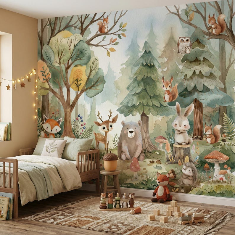 Woodland Animals Wallpaper - Peel and Stick Nursery Mural Forest Trees ...