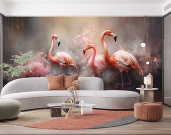 Tapete Flamingo Selbstklebende Palmen und Blätter florales Vintage Retro Barock Wandbild botanisches Wanddekor Wohnzimmer