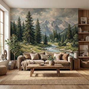 Woodland Majesty Nature Landscape Wall Mural: Forest, Mountain Lake Peel and Stick or Non-Woven Wallpaper