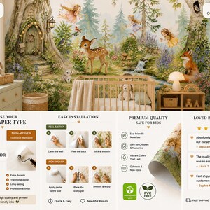 May include: A whimsical nursery wallpaper featuring a forest scene with fairies, a deer, and a fox. The design includes a crib, a tree with a door, and a small waterfall. The wallpaper is available in peel & stick or non-woven options.