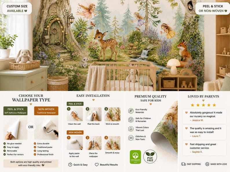 May include: A whimsical nursery wallpaper featuring a forest scene with fairies, a deer, and a fox. The design includes a crib, a tree with a door, and a small waterfall. The wallpaper is available in peel & stick or non-woven options.