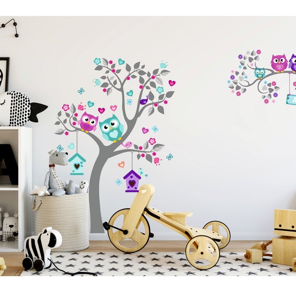 Children's wall sticker Owl personalized name Wall Decal, Jungle Animals Sticker Decor, Girls Nursery Room Decor Wall Art Trees Childroom