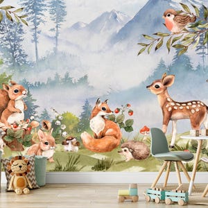 Wallpaper animals Woodland Trees, Peel and Stick, Kids Wall Mural Self Adhesive, Decor Forest DecalWall Child Room Forest Wallpaper