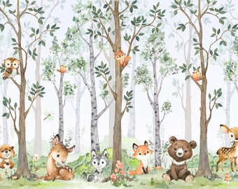 Wandbild Kinderzimmer Tiere, Wald Kinderzimmer, Vlies zum Abziehen und Aufkleben, selbstklebendes Wanddekor-Wandbild, Wandbilder