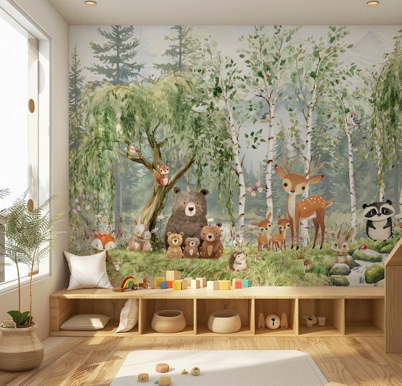 Forest Animals Nursery Wallpaper Woodland Wall Art Watercolor Pine ...