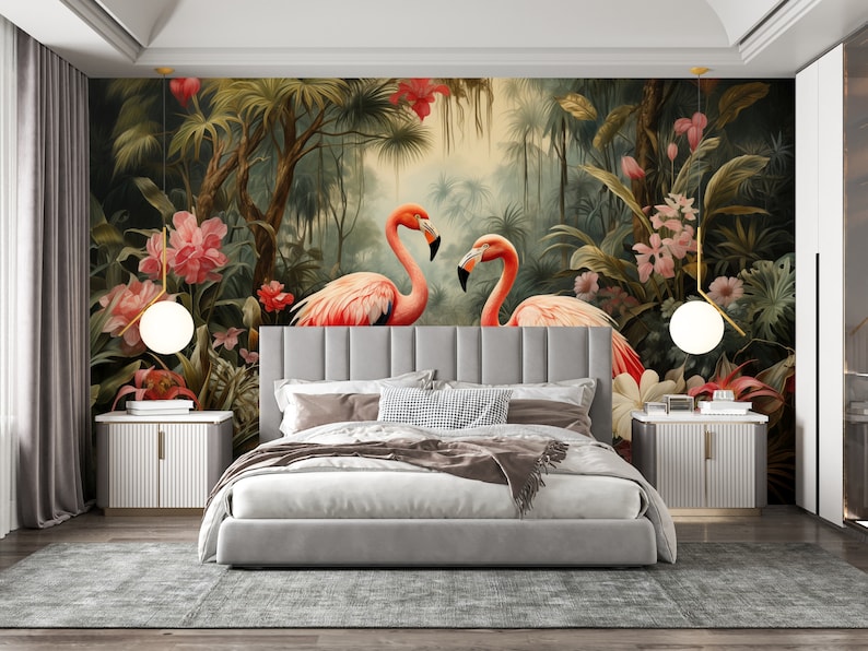 Wallpaper Flamingo Self Adhesive Palm Trees and Leaves floral vintage retro baroque wall mural botanical Wall decor living room image 6