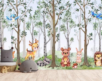 Wall mural Kids Wallpaper, Animals, Woodland, Nursery Bear Deer Fox  Peel and Stick Self Adhesive Wall Decor Mural, Murals watercolor Poster