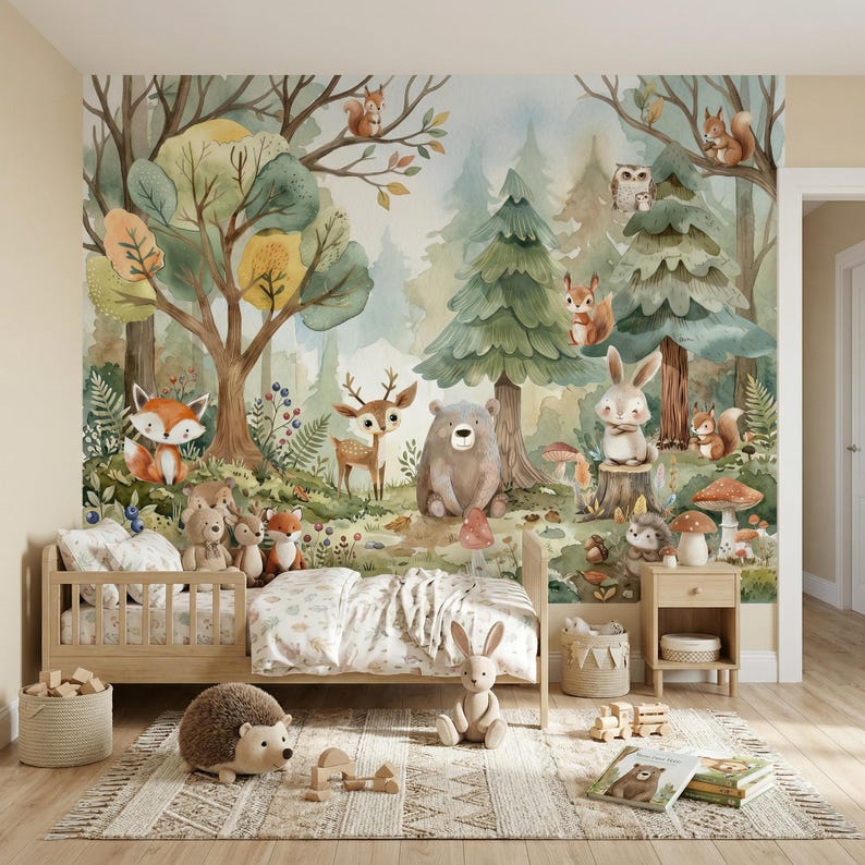 Woodland Animals Wallpaper - Peel and Stick Nursery Mural Forest Trees ...