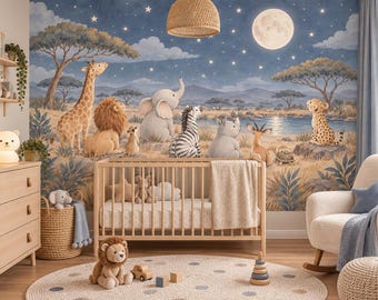 Watercolor Safari Animals Wallpaper Giraffe Elephant Lion Zebra Moon Stars, Wall Mural for Kids
