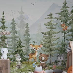 Papier peint animaux des bois, décoration murale auto-adhésive pour enfants, décalcomanie forêt décoration murale pour chambre d'enfant, papier peint forêt