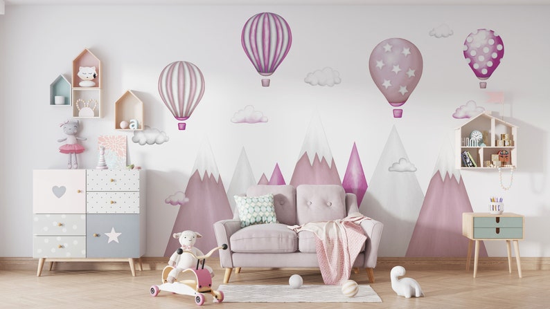 Sticker mural enfant montagnes, montgolfières, garçons, montagne, nuages, ballons, décoration de chambre de filles, art mural image 5