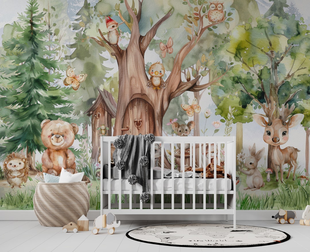 Forest Animals Nursery Wallpaper Woodland Wall Art Watercolor Trees