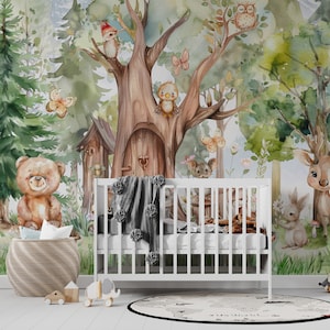 Carta da parati con animali della foresta, decorazioni murali con alberi acquerellati, animali selvatici, decorazioni per la cameretta dei bambini, carta da parati personalizzata