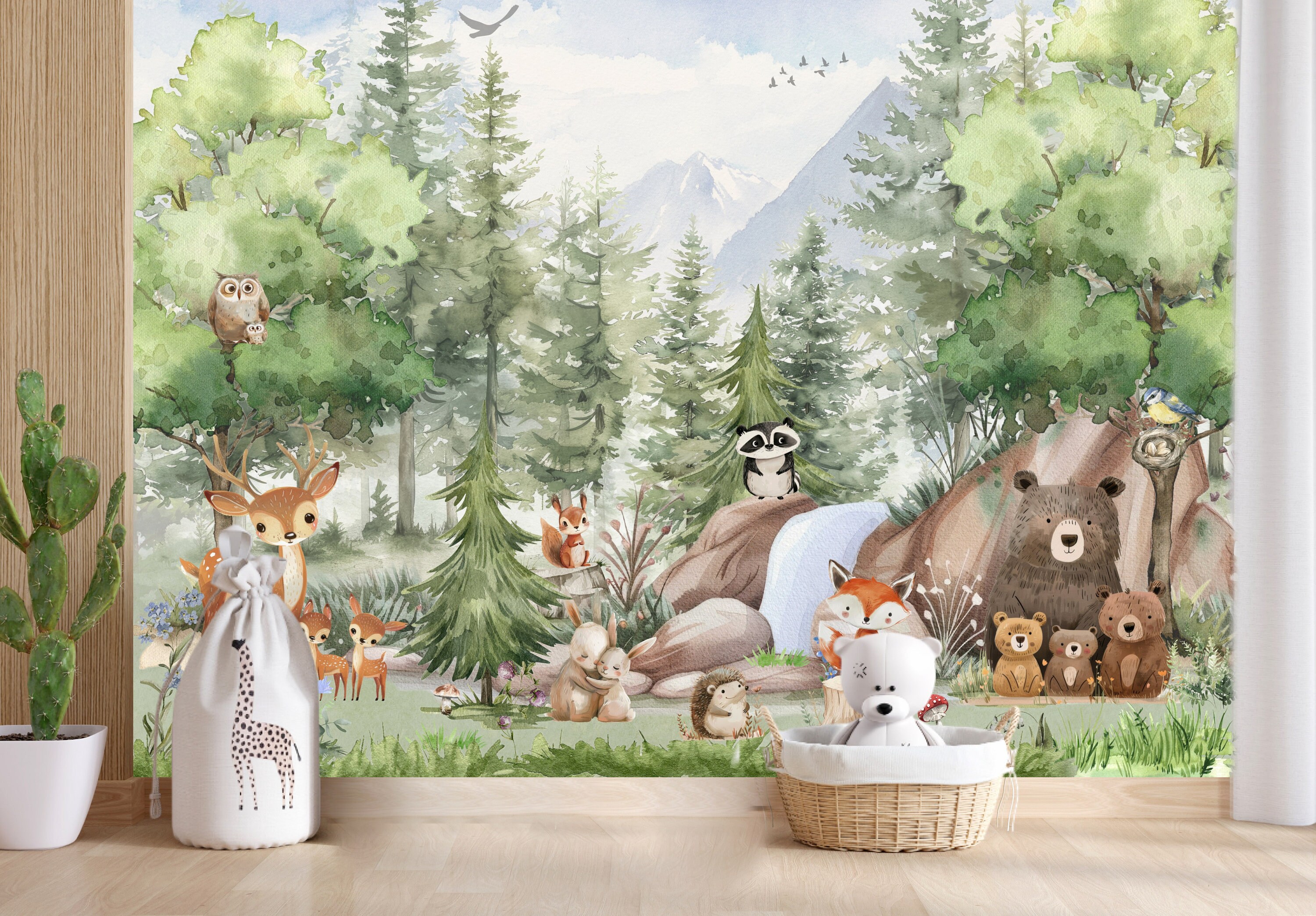 Watercolor Forest Animals Wallpaper Mural - Peel and Stick Kids Room ...