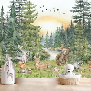 Carta da parati per bambini con animali della foresta, arte murale del bosco, alberi di pino acquerelli, animali selvatici, stacca e attacca, decorazione per la stanza dei bambini, carta da parati personalizzata