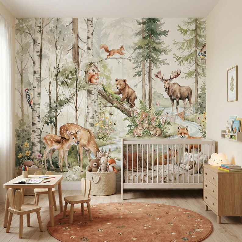 Woodland Animals Wallpaper - Peel and Stick Nursery Mural | Forest ...