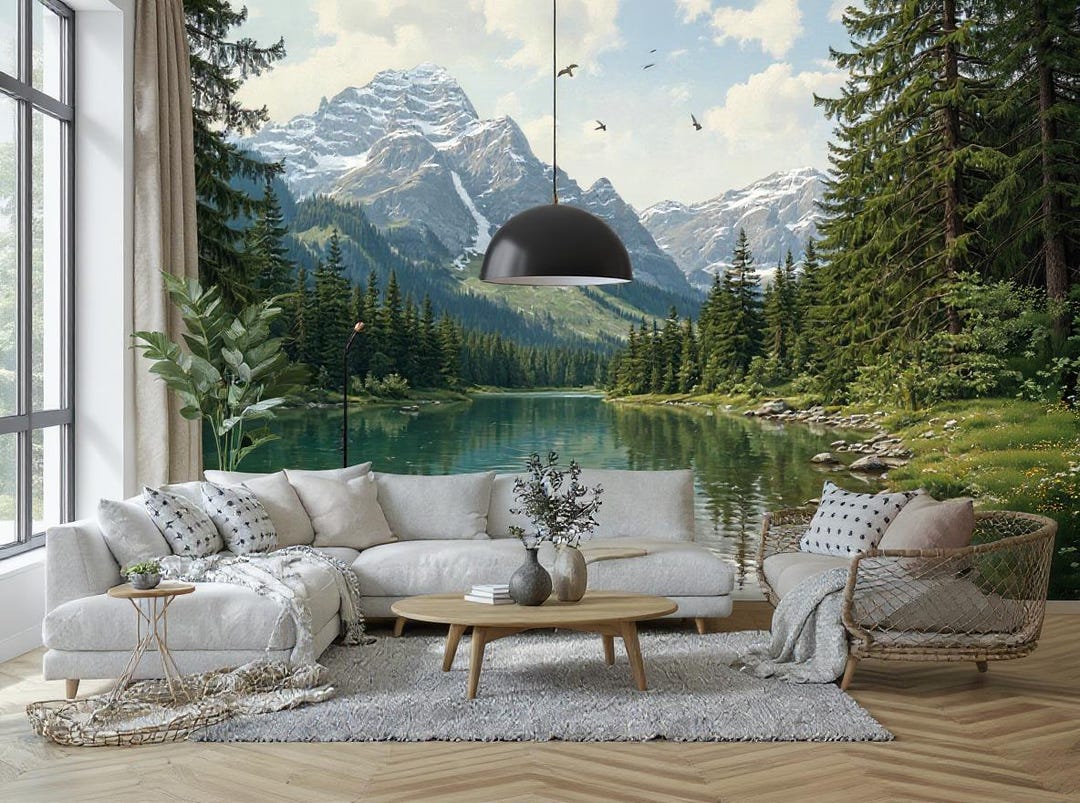 Nature Landscape Wall Mural: Forest, Mountain & Lake. Peel and Stick or ...