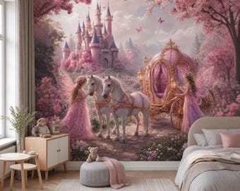 Peel & Stick Princess Castle Wallpaper, Fairy Carriage Mural, Custom Size Nursery Wall Decor