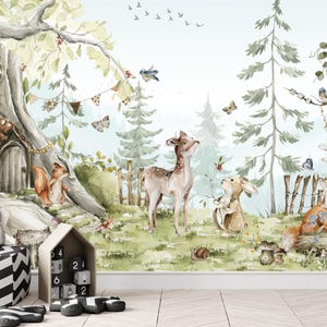 Papier peint animaux des bois, papier peint autocollant, décoration murale auto-adhésive pour enfants, sticker forêt décoration murale, papier peint forêt pour chambre d'enfant