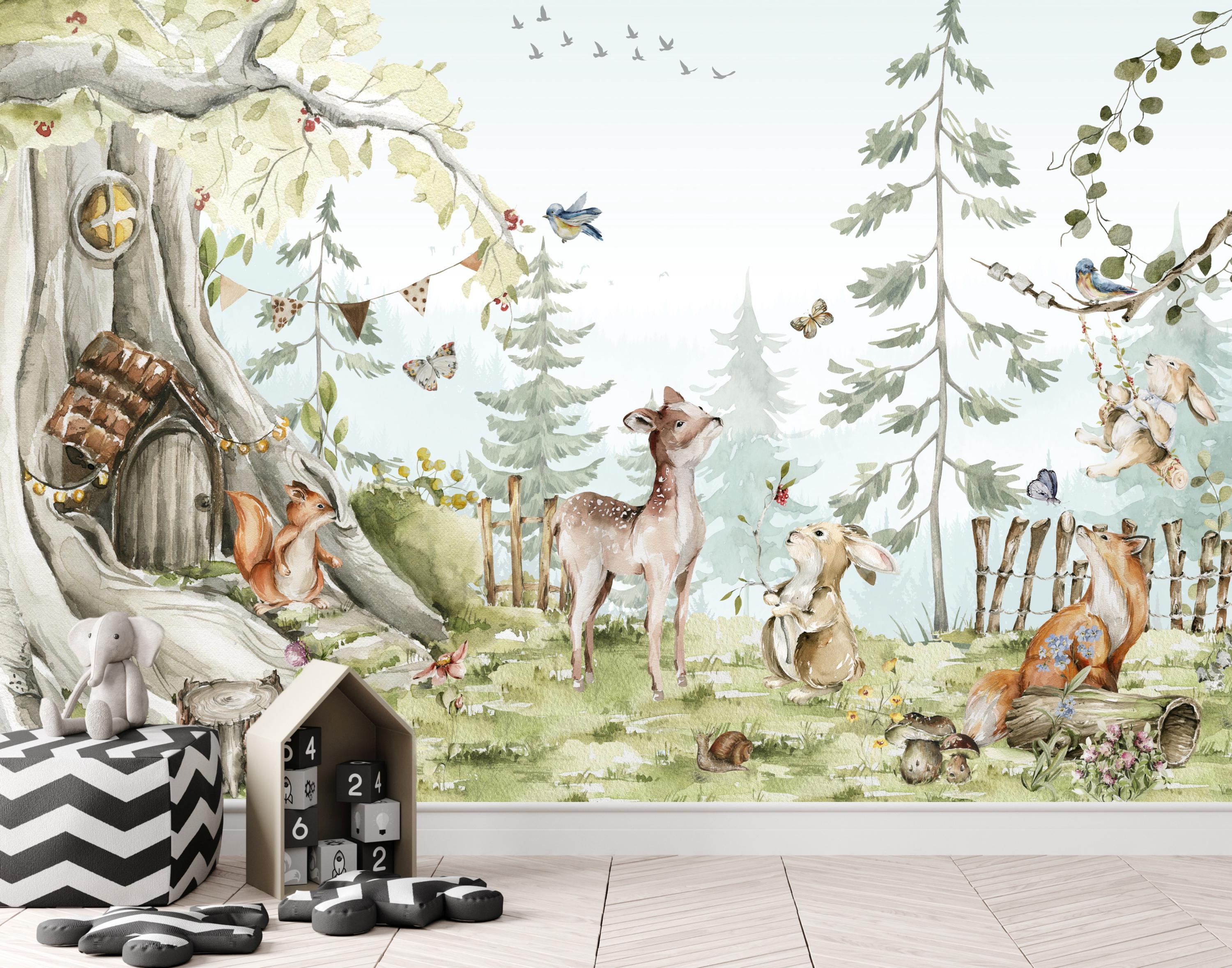 Wallpaper Animals Woodland Trees, Peel and Stick, Kids Wall Mural Self ...