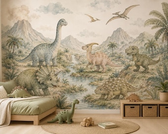 Watercolor Dinosaur Wallpaper, Custom Nursery Mural, Peel and Stick Non Woven Kids Decor